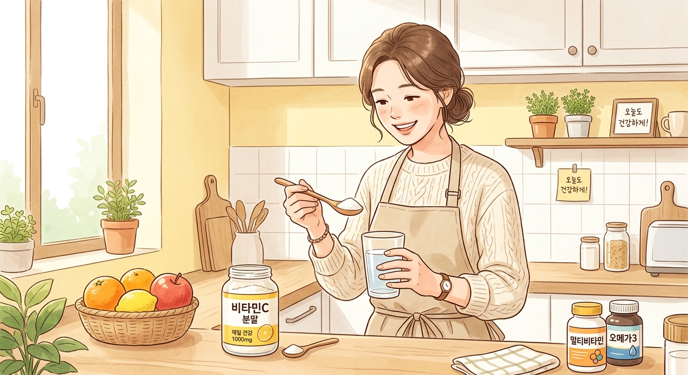 비타민C 메가도스 분말을 물에 타서 복용 준비하는 모습