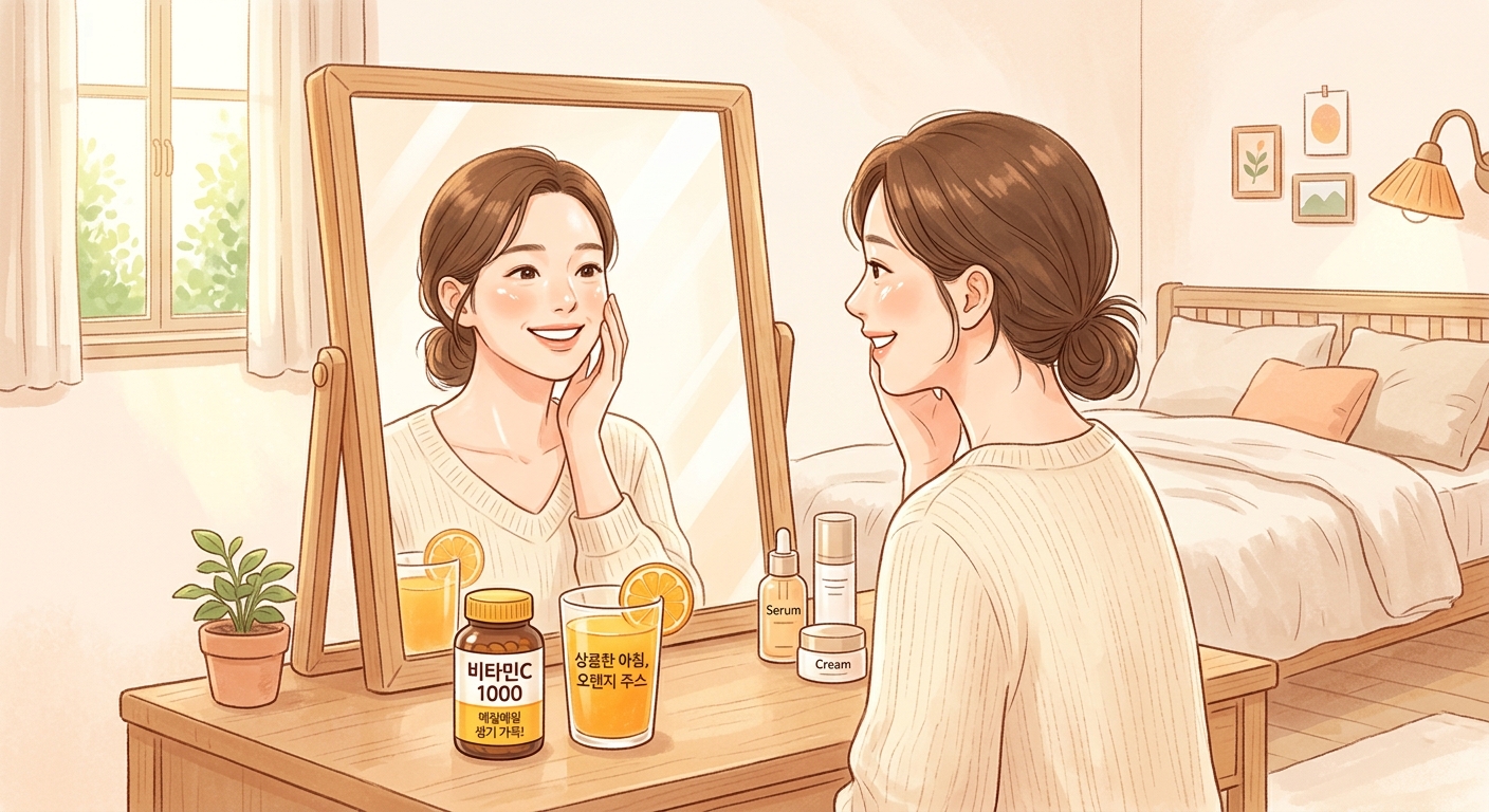 비타민C 메가도스로 피부 미백을 기대하며 거울을 보는 여성