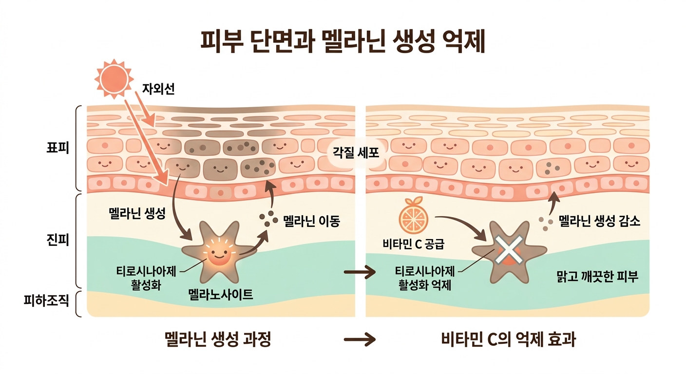 비타민C가 멜라닌 생성을 억제하는 과학적 원리 인포그래픽