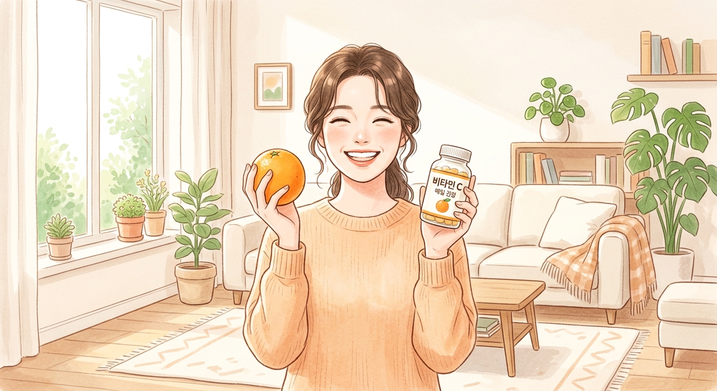 천연 과일과 비타민C 보충제를 균형 있게 활용하는 모습
